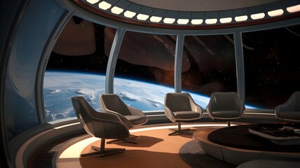 Fototapeta premium Extraterrestrial spaceship living room with glowing orbs and futuristic furniture