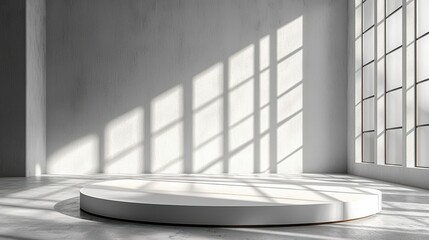 Minimalist studio space with a round podium and sunlight streaming through large windows creating soft shadows on the floor