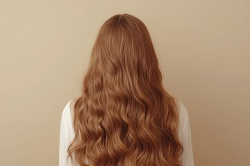Fototapeta premium A beautiful woman with long, wavy hair viewed from the back against a beige background. The healthy, shiny hair is in sharp focus, offering ample copy space in high-resolution quality.