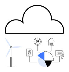 Cloud connected to wind turbine, cryptocurrency, house, bar chart, certificates, showcasing sustainable tech, modern finance. Ideal for technology, energy finance innovation environment