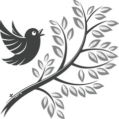 Abstract bird on a floral branch with seamless pattern design