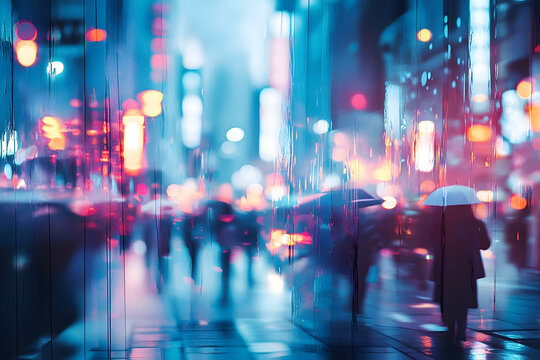 Rain falling on a city street with blurry colorful lights