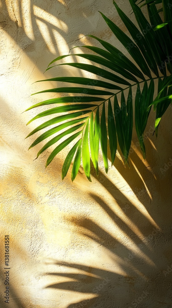 Poster sunlight filters through vibrant palm leaves, casting intricate shadows on a textured wall. the play