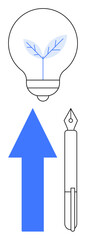 Lightbulb with sprout, bold upward arrow, and pen emphasizing growth, ideas, progress, sustainability, leadership, education creativity. Ideal for innovation business learning professional