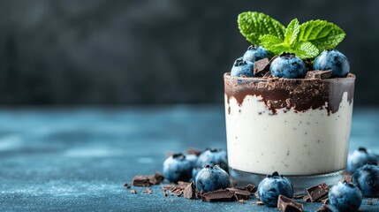 A tempting chocolate dessert topped with fresh blueberries and mint, beautifully presented in a clear glass, ideal for a classy dining experience or dessert display.