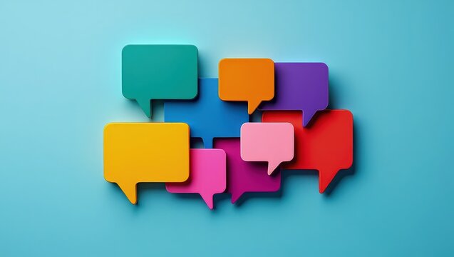 Colorful speech bubbles illustrate linguistic diversity. Many colorful speech bubbles overlap. Represent global communication. Conversation, dialogue between different cultures. Image shows