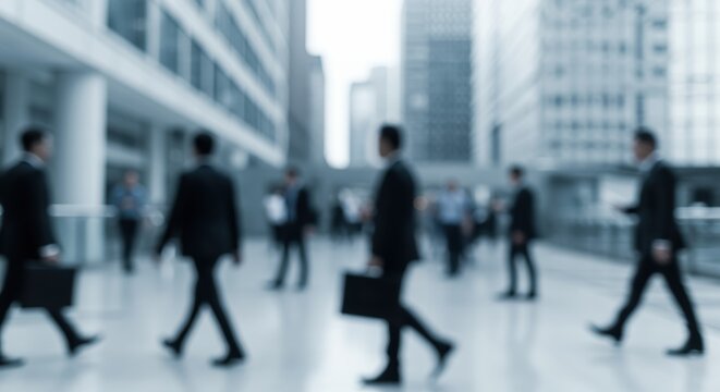 A busy corporate environment with professionals in business attire walking purposefully against a backdrop of modern architecture, conveying productivity and teamwork.