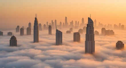 Obraz premium A stunning city skyline emerges from the mist, with skyscrapers towering above the clouds. Soft sunrise hues create a serene atmosphere, perfect for urban development themes.