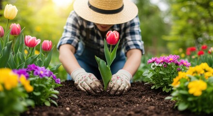 A gardener in a straw hat plants a vibrant tulip in rich soil, surrounded by colorful flowers. This joyful scene captures the beauty of gardening and nature's connection.