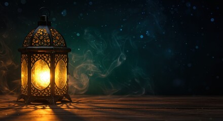 An ornate lantern casts a warm glow in a dim environment, creating intricate shadows and a mystical atmosphere, with wisps of smoke stirring up feelings of warmth and nostalgia.