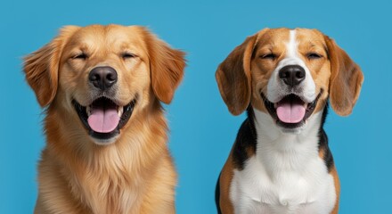 Fototapeta premium Two joyful dogs, a golden retriever and a beagle, happily pose with tongues out against a vibrant blue background, radiating warmth and companionship for pet projects.