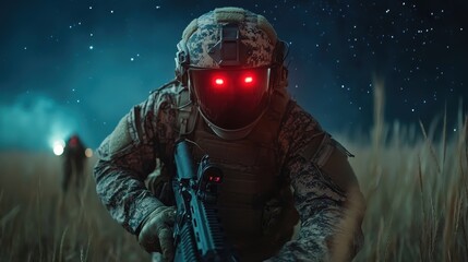 Fototapeta premium A soldier equipped with advanced night vision gear stalks through a field under a starry sky, showcasing futuristic combat technology and stealth in action.