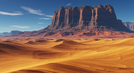 A stunning desert landscape with golden sand dunes and a towering sandstone monolith, under a clear blue sky. A serene scene perfect for exploration and travel themes.