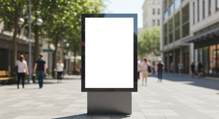 A blank vertical advertising display stands in a bustling urban street, surrounded by engaged pedestrians and lively shops, perfect for marketing and urban lifestyle themes.