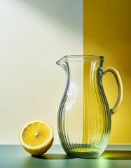 シンプルに並ぶ透明なガラスの水差しとカットしたレモン。背景に広がるホワイトとペールイエローのソフトなグラデーションが、清潔感と爽やかさを感じさせる美しい瞬間。


