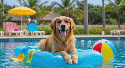 A cheerful golden retriever relaxes on a bright blue float in a serene pool, wearing sunglasses. Palm trees and colorful beach balls enhance the vibrant summer vibe.