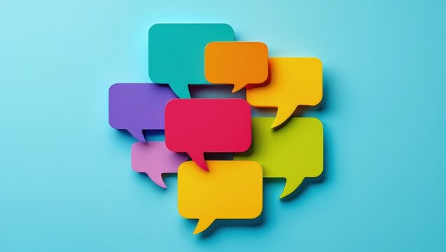 Colorful speech bubbles illustrate linguistic diversity. Many colorful speech bubbles overlap. Represent global communication. Conversation, dialogue between different cultures. Image shows