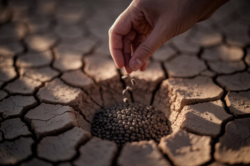 Hopeful Hand Planting Seeds in Dry, Cracked Earth Under Soft Morning Light