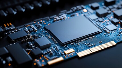 Obraz premium Detailed Macro Shot of a Modern Circuit Board with Microchips and Electronic Components for Technology Use