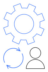 Gear symbolizing technology, cycle arrows for process, simple user icon for people interaction. Ideal for teamwork, automation, productivity, innovation, user experience, system management flat