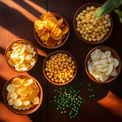 a top shot of a table shown along with some chips pack and 3 bowl of sev with a good lighting realistic photography 8k