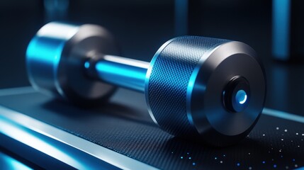 Modern gym dumbbell with blue lighting on a textured surface