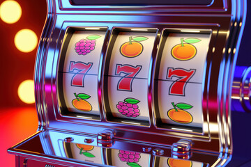 Exciting Neon Slot Machine with Fruit Symbols and Jackpot 7s in Vibrant Casino Setting