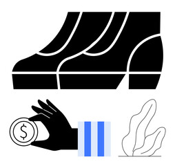 Silhouetted shoes rest above a hand holding a coin, paired with abstract plant graphics. Ideal for entrepreneurship, finance, investment, wealth, business strategy, success, flat simple metaphor