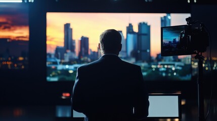 Professional news anchor standing in a television studio, preparing for a live broadcast with a large screen displaying a city skyline at sunset
