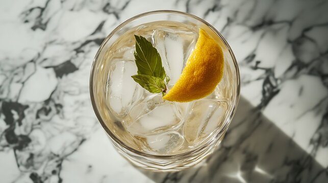 A refreshing drink served with lemon and mint garnish in glass