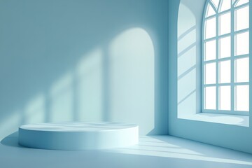 Minimalist blue interior with light and podium. AI generated illustration.