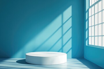 Fototapeta premium Minimalist blue interior with light and podium. AI generated illustration.
