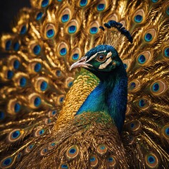 Obraz premium A golden peacock with metallic, shining feathers.