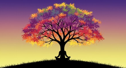 Obraz premium A serene silhouette of a person meditating under a vibrant tree with colorful leaves, contrasting against a gradient sunset background. This image symbolizes peace and mindfulness.