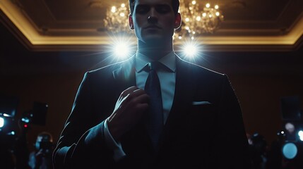 Illuminated by soft lights a politician adjusts their perfectly knotted silk tie while scanning the room radiating an aura of authority. The suits tailored fit accentuates their posture