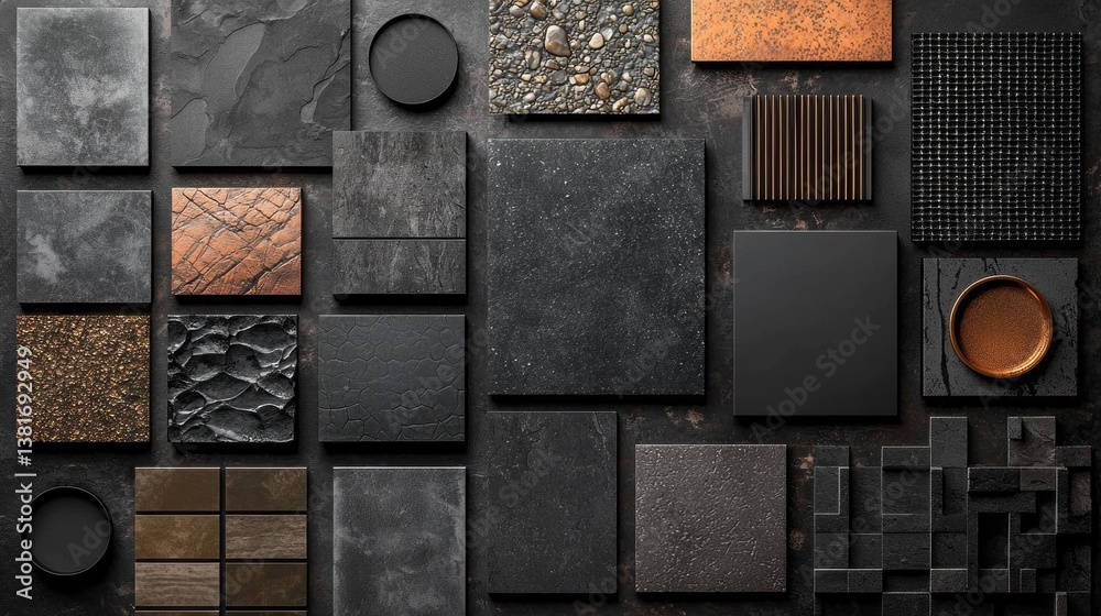 Poster An artistic arrangement showcases various textures and patterns of materials, emphasizing contrasts in color and design. Intricate details invite viewers to appreciate creativity and innovation