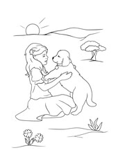Girl playing with a dog. Drawing for coloring