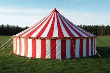 Red and white striped circus tent under the night sky. AI generated illustration.