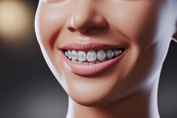 Cheerful Young Woman Smiling with Braces in Soft Lighting, Radiating Confidence and Joy