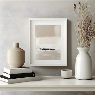 framed wall art precisely 8x12 inch on desk minimalist neutral tone realistic mock up