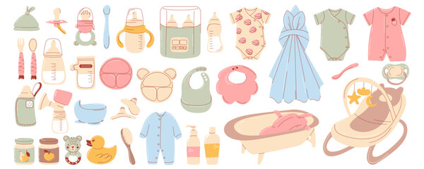 Newborn accessories. Baby care items and elements, toddler equipment. Supplies for feeding, care about newborn, infant. Maternity and childhood vector illustration set. Trendy hand drawn flat style.