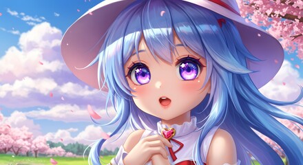 Fototapeta premium Anime Girl with Wide Eyes Holds Heart, Standing Near Cherry Blossoms