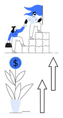 Two colleagues collaborate climbing puzzle blocks, financial success grows as a plant with dollar sign, arrows rise. Ideal for teamwork, leadership, strategy, success, growth, mentorship finance in