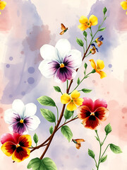 watercol vintage pattern,  flowers. Plant in watercolor. Mimosa, acacia, plants on a branch. Blossoming acacia or caragana tree. Fashionable background. Abstract splash of paint. pansies, viola, field