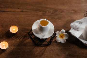 Composition with symbolic objects for spa salon. Attributes for cosmetic procedures. Candles,...