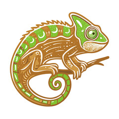 Fototapeta premium Colorful chameleon icon resting on branch, vibrant nature concept