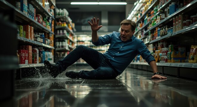A startled man slips on a wet floor in a grocery aisle, surrounded by products on the shelves, highlighting the lively and chaotic atmosphere of a retail space.