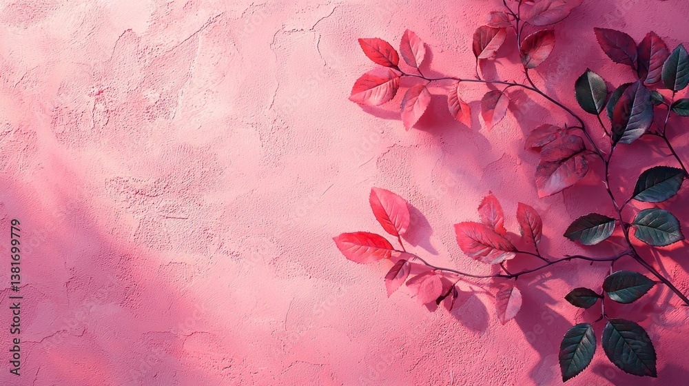 Poster soft shadows of rose leaves cascade over smooth pink concrete, creating a harmonious blend of nature
