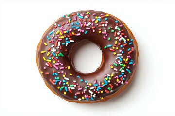 Top view of a chocolate donut with bright and colorful sprinkles, isolated on a white background, capturing its sweet and decorative appeal