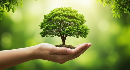 A hand gently cradles a small tree, symbolizing care for nature and environmental protection. The soothing green background adds a calming effect, evoking thoughts of sustainability and growth.